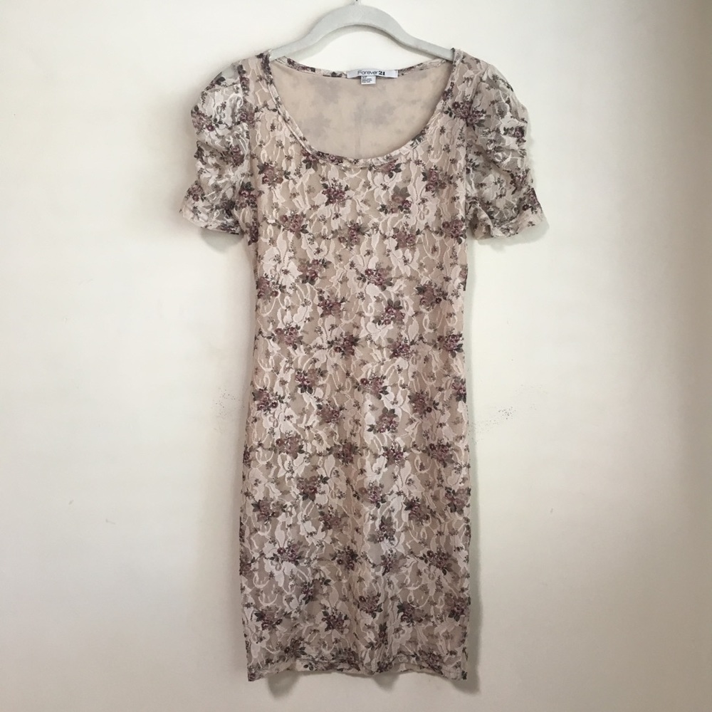 Forever 21 Taupe Floral Lace Bodycon Dress
